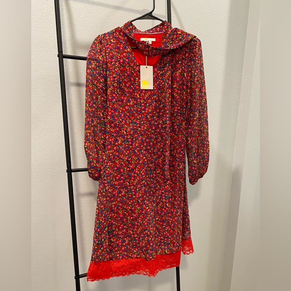 Floral Red Dress with Bow Detail